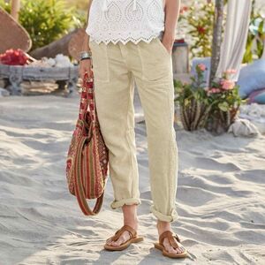 Sundance Sz. 4 New Linen Cotton Blend Organia Lace Pants in Sand Boho Lagenlook